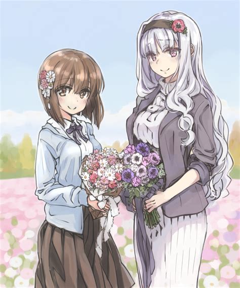 Safebooru 2girls Bob Cut Bouquet Brown Eyes Brown Hair Flower