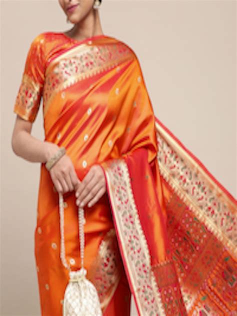 Buy Satrani Orange And Gold Toned Ethnic Motifs Woven Design Silk Cotton