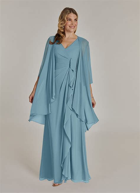 Moody Blue Azazie Manuella A Line V Neck Pleated Chiffon Floor Length