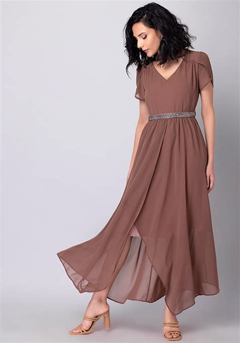 Buy Women Dusty Pink Tulip Sleeve Maxi Dress With Embellished Belt