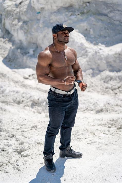 Athletic Muscular Man Standing With Naked Torso African Bodybuilder With Shirtless Strong Body