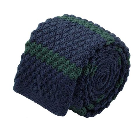 Cravate Tricot Homme Bleu Marine Rayures Vertes Grosse Maille