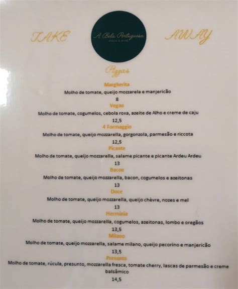 Menu Em A Bela Portuguesa Pizza Wine Restaurante Alhos Vedros