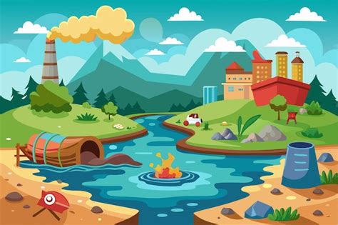 A vibrant cartoon landscape showing water pollution from factories ...