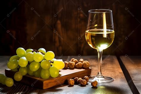 Ta A De Vinho Branco Cachos De Uvas Sobre Tabua De Madeira