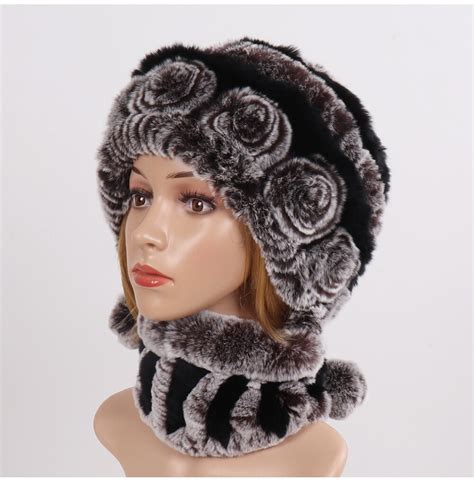 New Knitted Lady Real Rex Rabbit Fur Scarves Hats Sets Winter Women Knit Real Fur Scarf Hat Good