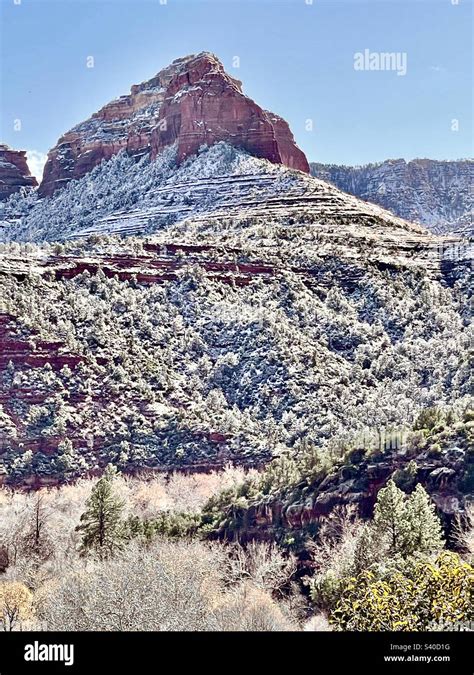 Sedona Snow Oak Creek Canyon Red Rocks Butte Pine Trees Winter Arizona Blue Sky Stock