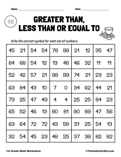 Greater Than Less Than Or Equal To St Grade Math Worksheet Catholic