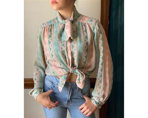Vintage Pussy Bow Blouse S Top Pastel Button Up Shirt Pink Green Top Etsy