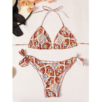 Emmiol Free Shipping Frill Trim Printed Halter Bikini Set Orange S