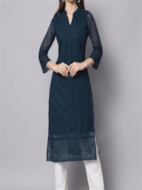 Buy Hereandnow Women Navy Blue Ethnic Motifs Embroidered Thread Work