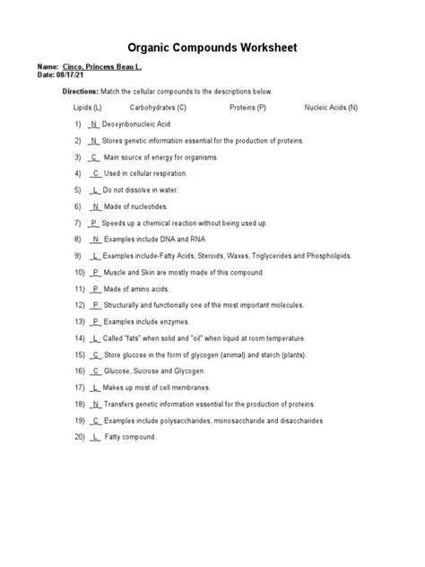 Organic Compounds Worksheet Worksheets Library