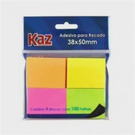 Bloco Adesivo Para Recado 38X50 Neon Cores 100 Folhas Kaz No Shoptime