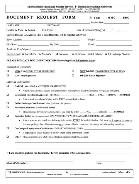 Fillable Online Isss Fiu Document Request Form International Student