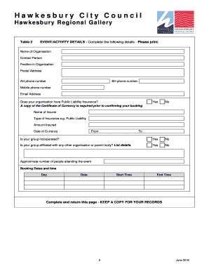 Fillable Online Hawkesbury Nsw Gov Gallery Booking Application Form