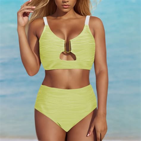 Pstuiky Bathing Suit For Women Women High Waisted Bikini Set V Neck Cutout Swimsuit Textured