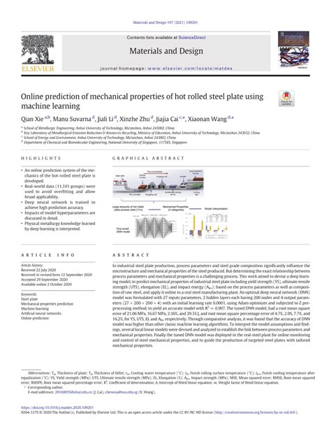 PDF Online Prediction Of Mechanical Properties Of Hot Rolled Steel Plate Using Machine Learning
