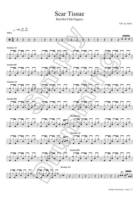 鼓手森 Simply Drumming Red Hot Chili Peppers Scar Tissue drum sheet