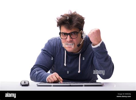 Funny Nerd Man Working On Computer Isolated On White Stock Photo Alamy