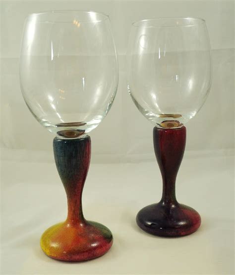 Brightly Colored Artist Palette Hand Turned Wood Stem Wine Glasses Set Of Two