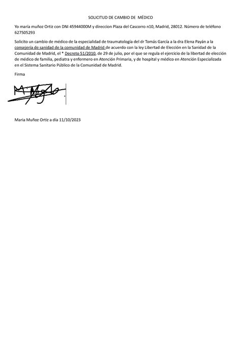 Solicitud De Cambio De Médico Solicitud De Cambio De MÉdico Yo María Muñoz Ortiz Con Dni