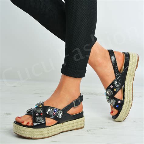 New Womens Rhinestone Espadrille Sandals Ladies Wedge Platform Strappy Shoes Ebay