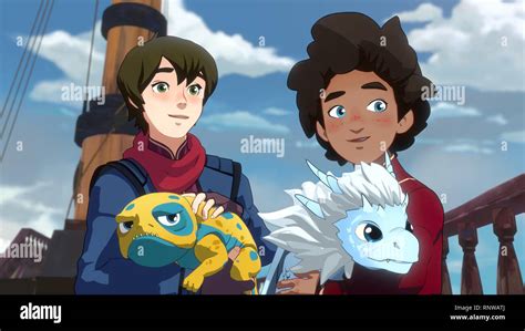 THE DRAGON PRINCE, from left: Callum (voiced by Jack DeSena) holding Bait, Ezran (voice: Sasha ...