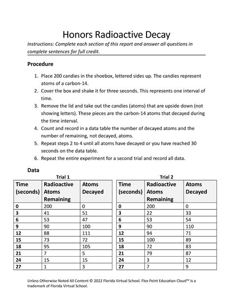 Honors Radioactive Decay Worksheet Honors Radioactive Decay