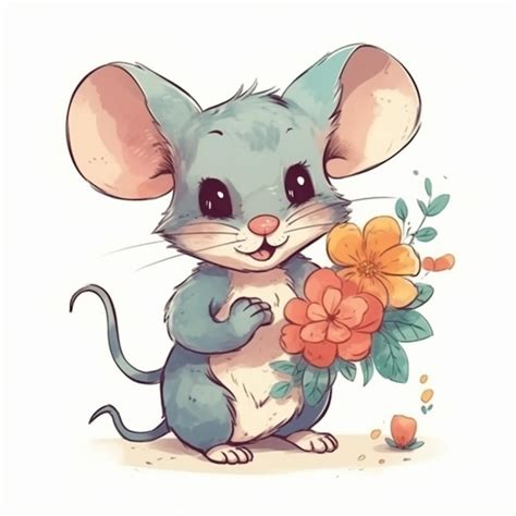 Premium Photo Cartoon Mouse With Flowers And Leaves Generative Ai