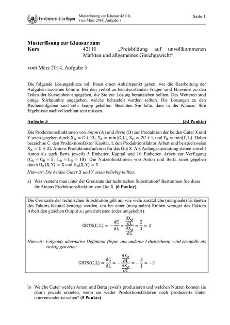 Klausur März 2014 Fragen Musterlösung zur Klausur 42110 vom März