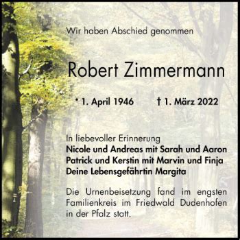 Traueranzeigen Von Robert Zimmermann Trauerportal Ihrer Tageszeitung