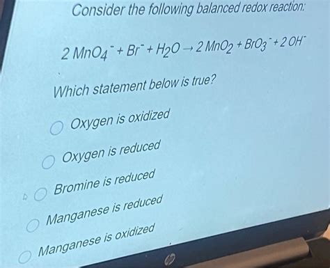 Solved Consider The Following Balanced Redox Reaction Chegg