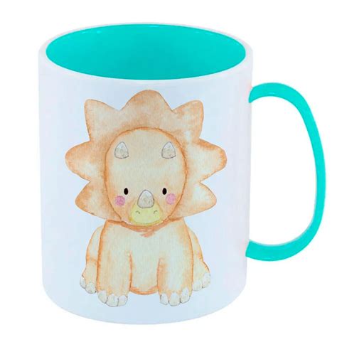 Caneca de Polímero Plástico Inquebrável Infantil Azul Dinossauro