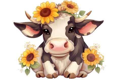 Premium Photo | Cute cartoon of cow with sunflower no background