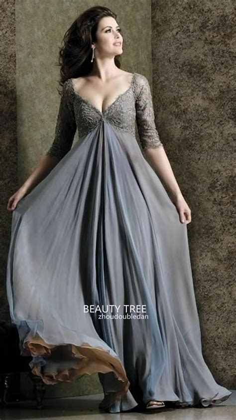 Plus Size Grey Evening Dresses V Neck With Appliques Empire A Line