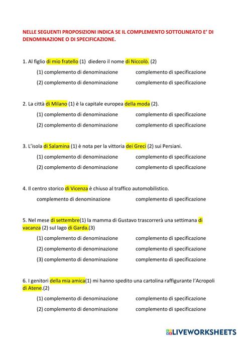 Complemento Di Specificazione E Denominazione Worksheet Workbook