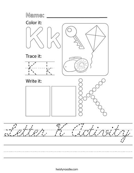 Letter K Activity Worksheet - Cursive - Twisty Noodle