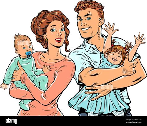 Familie Mama Und Papa Mit Kindern In Den Armen Pop Art Retro