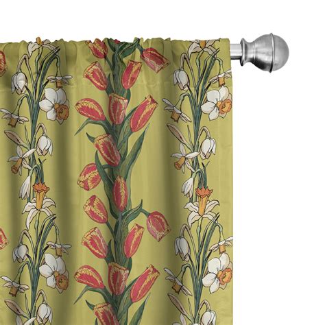 Ambesonne Floral Curtains Tulips And Daffodils Pattern Pair Of 28x84 Khaki Multicolor