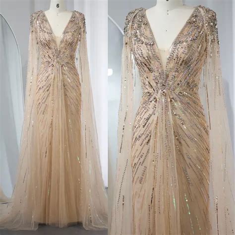 Cape Sleeve Embellished Evening Gown - Evening Dresses, Made To Order