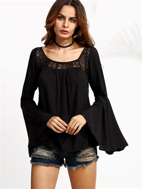 Black Lace Insert Bell Sleeve Lace Up Back Blouse Shein Sheinside