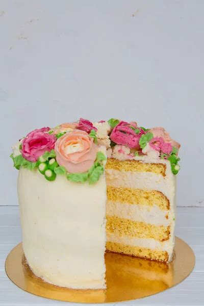 Decorated White Naked Cake Rustic Style For Weddings Birthdays And Events Stock Photo