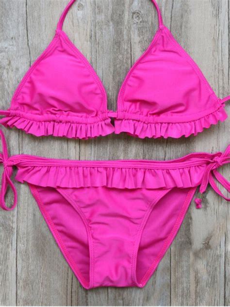 [18 Off] 2021 String Double Side Ruffles Bikini Set In Rose Red Zaful