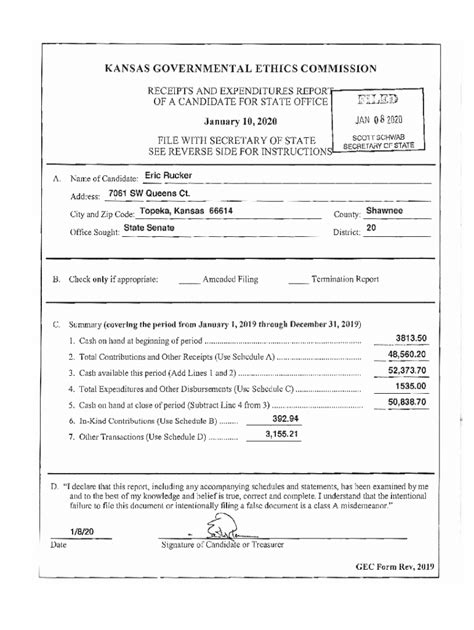 Fillable Online Ethics Ks Receipts And Expenditures Repor L