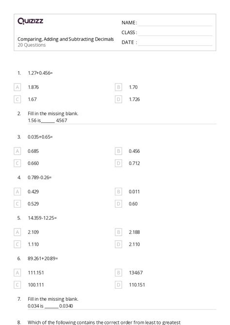 50 Subtracting Decimals Worksheets For Year 8 On Quizizz Free And Printable