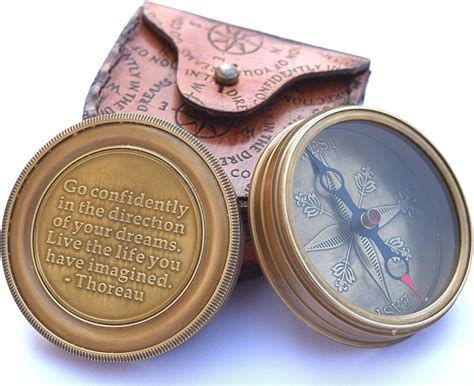 Thoreau S Go Confidently Quote Engraved Brass Compass With Stamped Leather Case