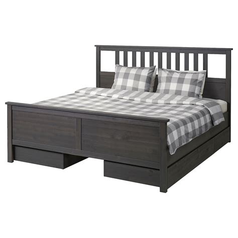 HEMNES bed frame with 4 storage boxes, dark gray stained/Luröy, King - IKEA