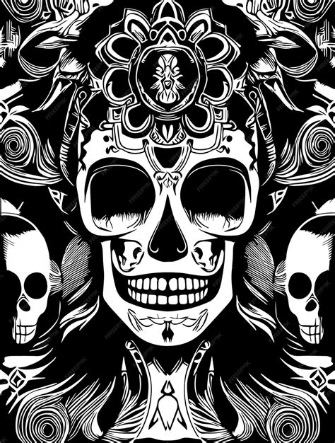 Premium Vector Feminine Sugar Skull Tattoo Hand Drawn Vector Black