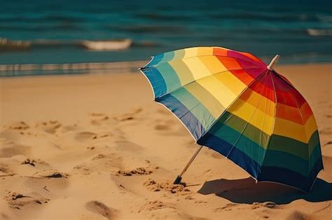 Premium Ai Image A Rainbow Colored Umbrella Sits On A Beach With The