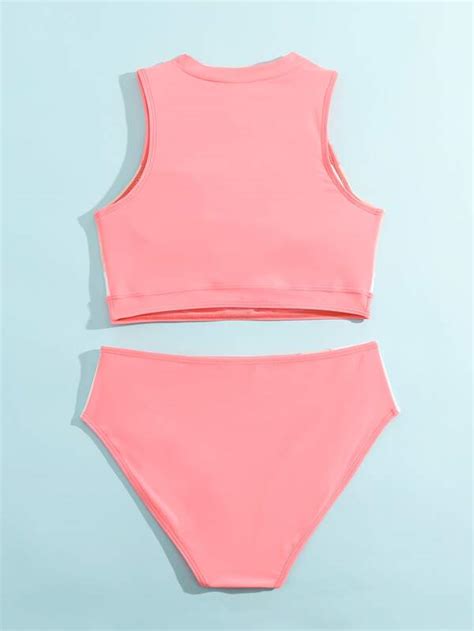 SHEIN Teen Girls Color Block Zipper Front Bikini Swimsuit SHEIN USA